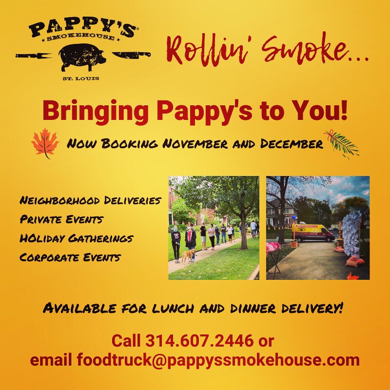 Have you booked Pappy’s Rollin’ Smoke yet for the holidays?

November and December dates still available. 🗓

pappyssmokehouse.com/foodtruck

#bbq #pappysrollinsmoke #foodtruck #stlfoodtrucks #pappyssmokehouse #pappysstpeters #holidayparties #fall #november #december