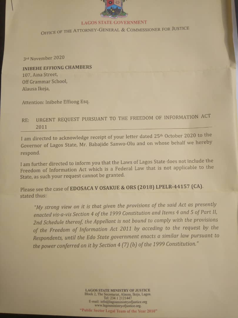 GOVERNOR SANWO-OLU REPLIES LAWYER, SAYS HE WILL NOT RELEASE INSTRUMENT SETTING UP PANELI've received a response to the Freedom of Information request that I sent to governor Babajide Sanwo-Olu for the Certified True Copy of the Instrument setting up the Lagos Panel of Inquiry.