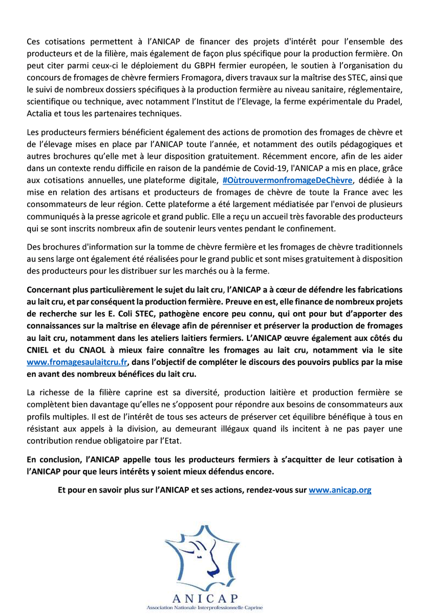 EleveursChevres's tweet photo. En réponse aux interrogations soulevées par l’appel à cotisation ANICAP auprès des producteurs #fermiers #caprins, voici une note explicative co-signée par les 5 fédérations membres de l’#ANICAP sur la cotisation interprofessionnelle/#CVO ANICAP (montant, objet et utilisation) https://t.co/BJfu2WihGv