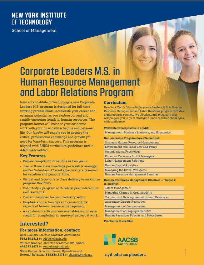 New York Tech's Corporate Leaders Master of Science in Human Resource Studies and Labor Relations program starts in January, 2021! For more info, see conta.cc/3l21sjV