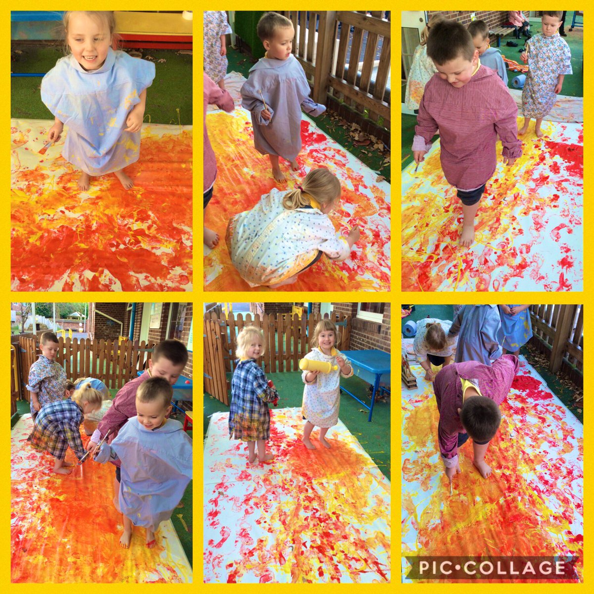 FRISroom4's tweet photo. What a painty day! We looked at the work of Jackson Pollock and explored colour mixing using red and yellow! We splatted and swooshed and slipped and slid in the paint! 😁🤣 https://t.co/GeSEKayaqF