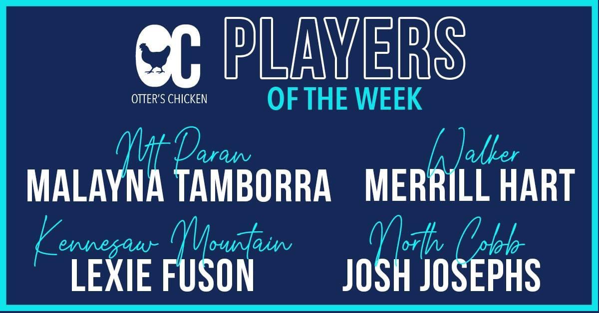 Help us congratulate these exceptional high school athletes and #PlayersOfTheWeek from our Kennesaw Marketplace location! Way to go &amp; Enjoy your free meal at Otter’s! 🐔

MERRILL HART
LEXIE FUSON
JOSH JOSEPHS
MALAYNA TAMBORRA