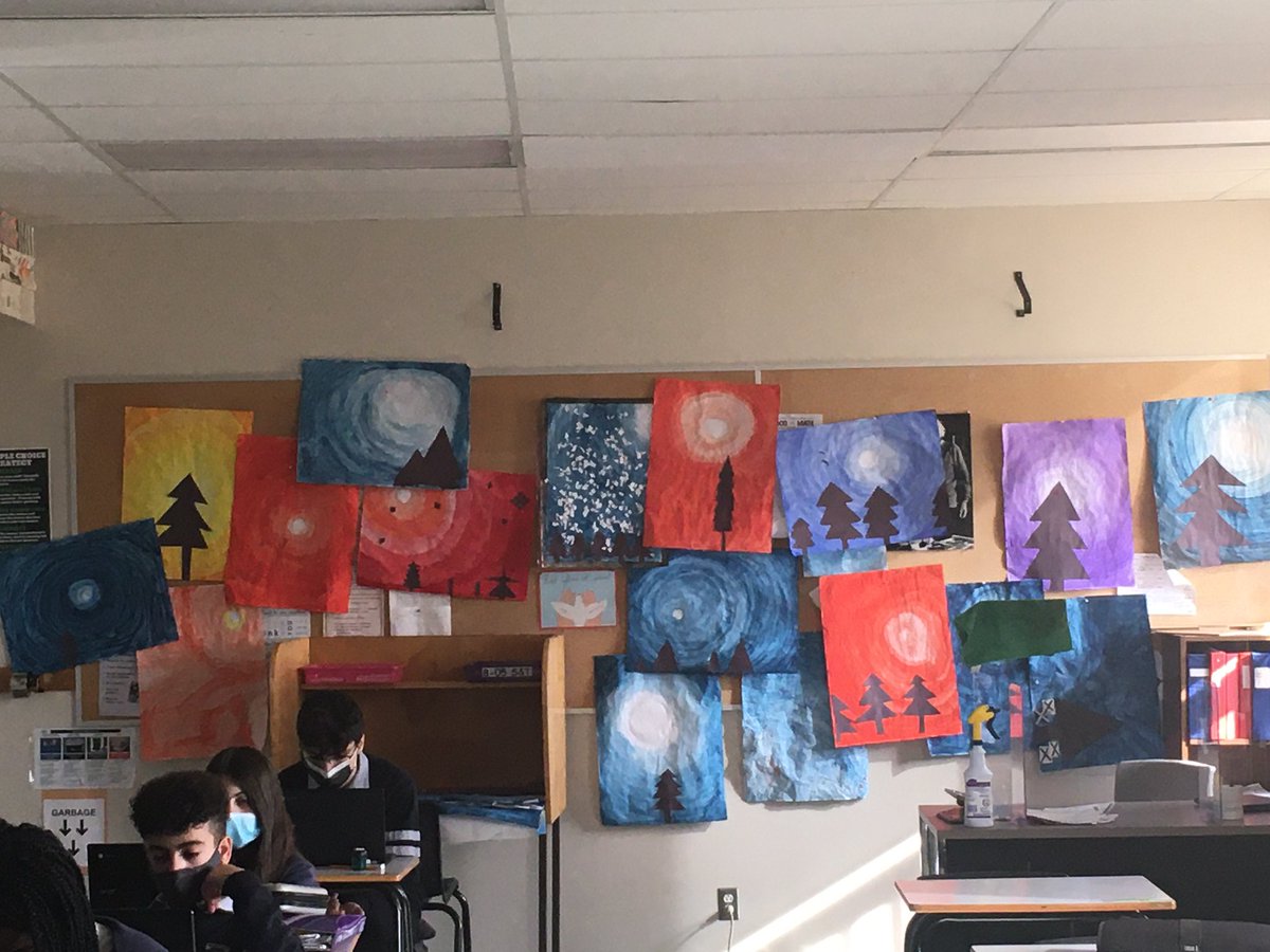MsLuburic's tweet photo. Not 100% complete just yet, but 805 created some beautiful watercolour art work. Using a single colour, they were able to create lovely gradient backgrounds for their trees 🌲 #Grade8Art @ImmaculataOCSB https://t.co/fGIZYb0pFs