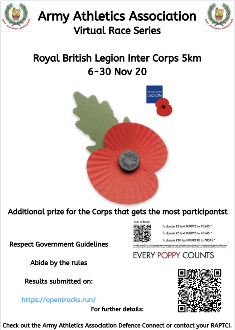 Army Athletics (@armyathleticaaa) on Twitter photo Army Virtual Race Series Race 5 – RBL Inter Corps 5K Road Race:
Entry is free, but everyone is encouraged to donate to the <a href="/PoppyLegion/">Royal British Legion</a> to show our support. To donate, scan the barcode below or text POPPY to the numbers on the photo.
data.opentrack.run/en-gb/x/2020/G… Army Virtual Race Series Race 5 – RBL Inter Corps 5K Road Race:
Entry is free, but everyone is encouraged to donate to the <a href="/PoppyLegion/">Royal British Legion</a> to show our support. To donate, scan the barcode below or text POPPY to the numbers on the photo.
data.opentrack.run/en-gb/x/2020/G…