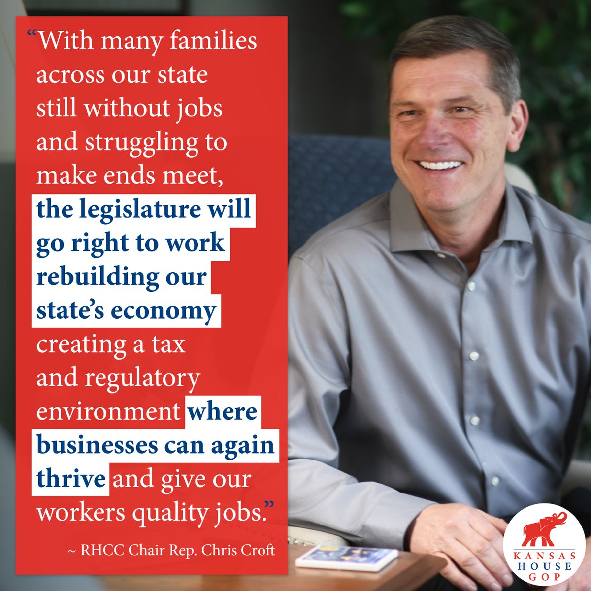 KSHouse_GOP's tweet photo. As RHCC Chair @CroftForKansas told the press earlier this week, the House GOP Caucus is focused on rebuilding our state's economy to help struggling Kansas families and businesses. We're ready to get to work! 

@KansasGOP @RSLC @RonRyckman @DanHawkinsKS @BlaineFinch #ksleg #ksgop https://t.co/VElnEePVa2