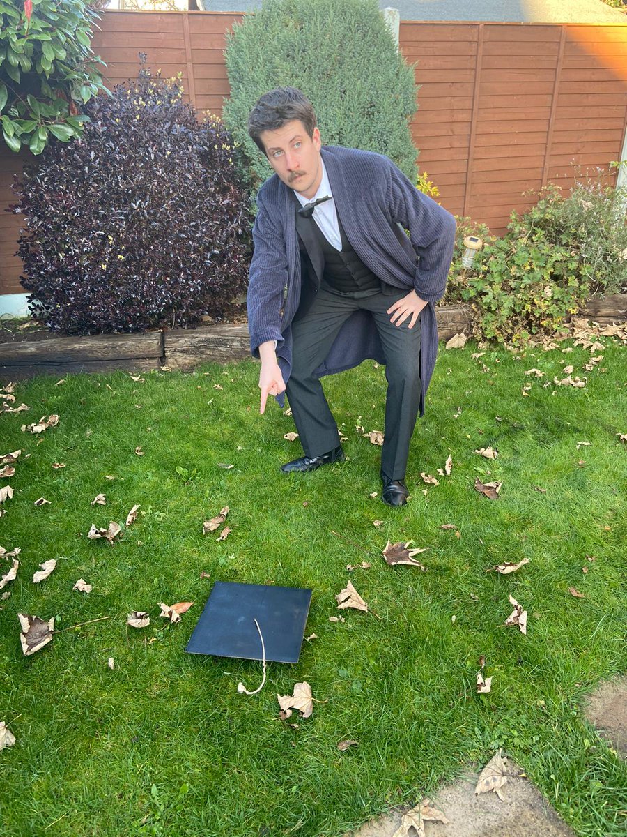 DCScoot97's tweet photo. In my dressing gown with a mortarboard made from a pizza box, I graduated today! Deeply proud of all those in @IADT_animation and thankful to the lecturers for all their help and guidance. The hat is on the ground now so I guess I won the education. https://t.co/PTkDJGJOEI