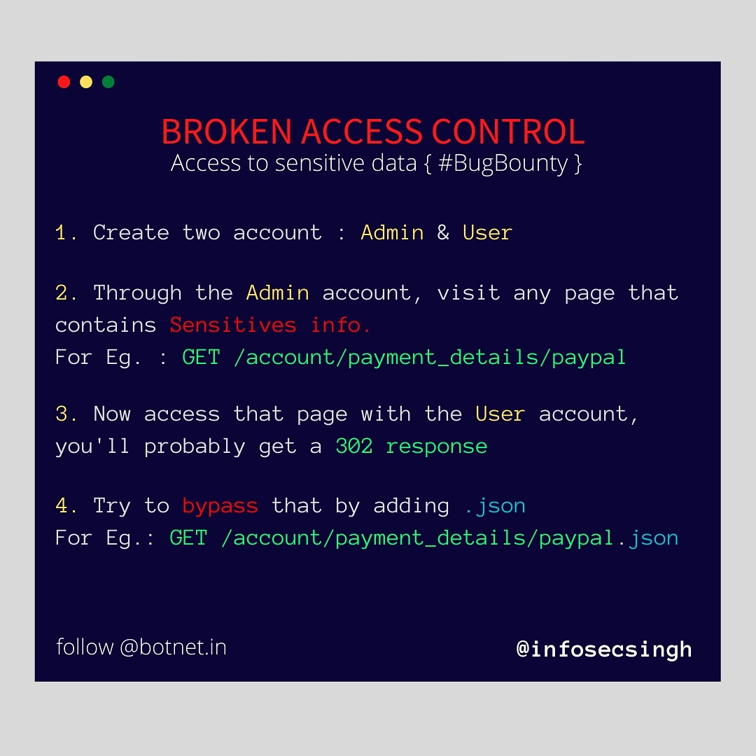 BotnetIn's tweet photo. Broken Access Control 🛡️

___________404__________

#infosec #bugbountytip #bugbountyhunter #bugbounty #bugs #hacker #hackers #cybersecuritymajor💻📱💾 #cybersecurity #cyberpunk #network #networksecurity #technology #webdevelopment #websecurity #php #python #java #infosecsingh https://t.co/DoOIkip9qK