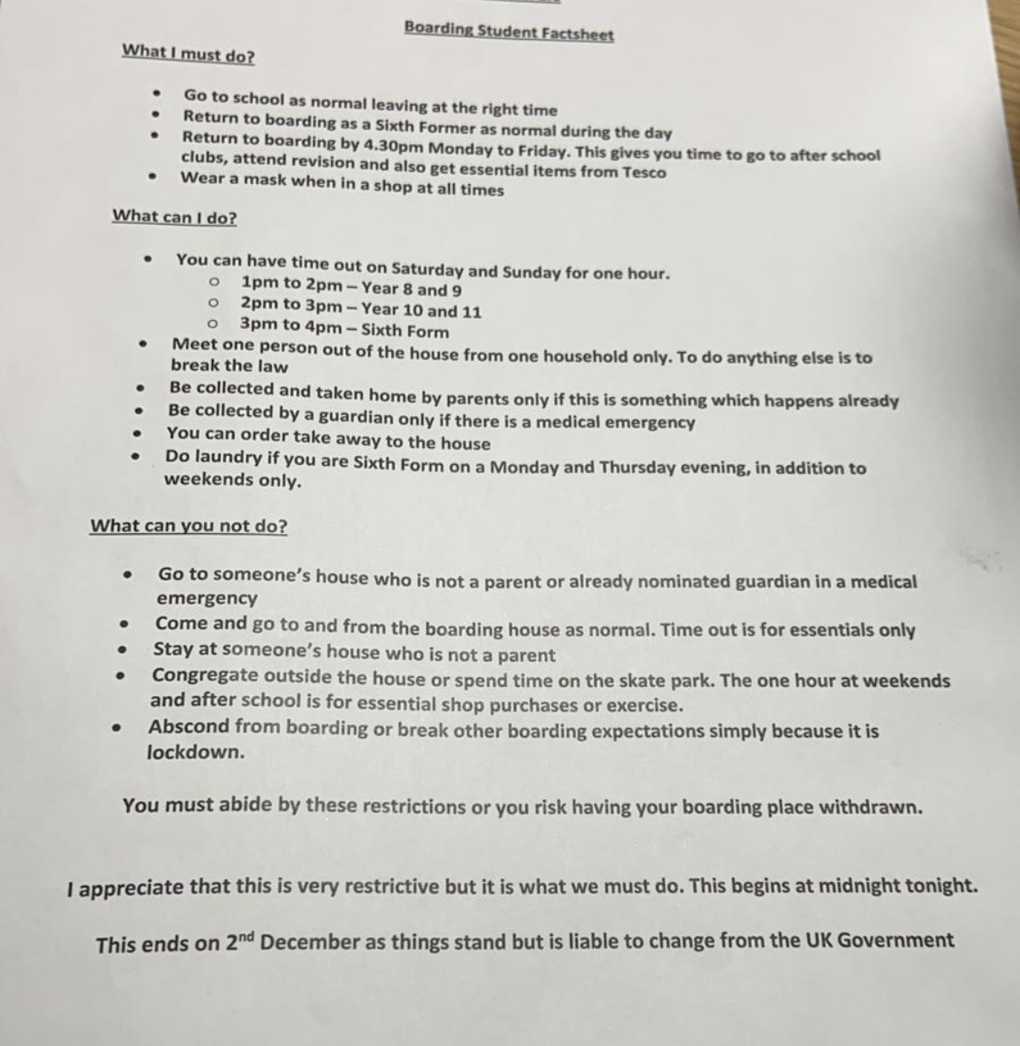 I have been sent this by a concerned parent of a sixth former at a boarding school, who was sent it in turn. It is atrocious and would appear to amount to false imprisonment. It is all too typical of schools and universities so I use it to illustrate the gravity of this problem.