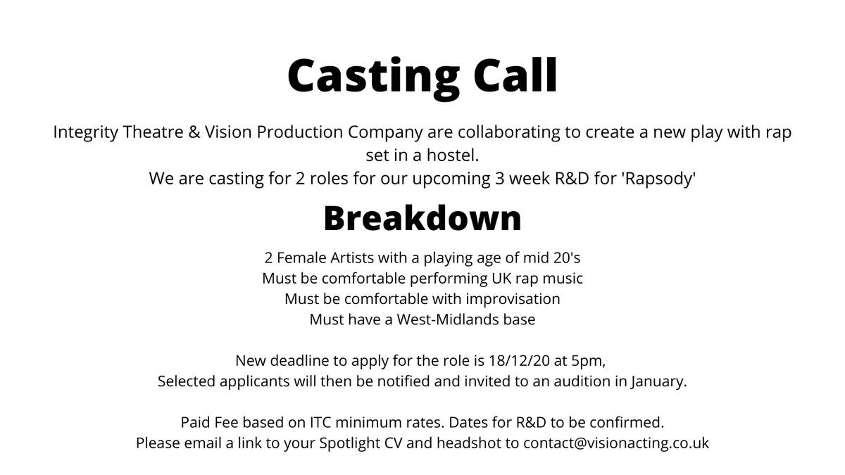 unhingedprodldn's tweet image. 🚨 Paid Casting Call 🚨

We are searching for further applicants for our R&amp;amp;D!

If you have previously applied, there is no need to re-apply as we have your details on record and will be in touch in December.

♻️ Please RT ♻️

Thanks, Integrity Theatre &amp;amp; @VisionProdCo