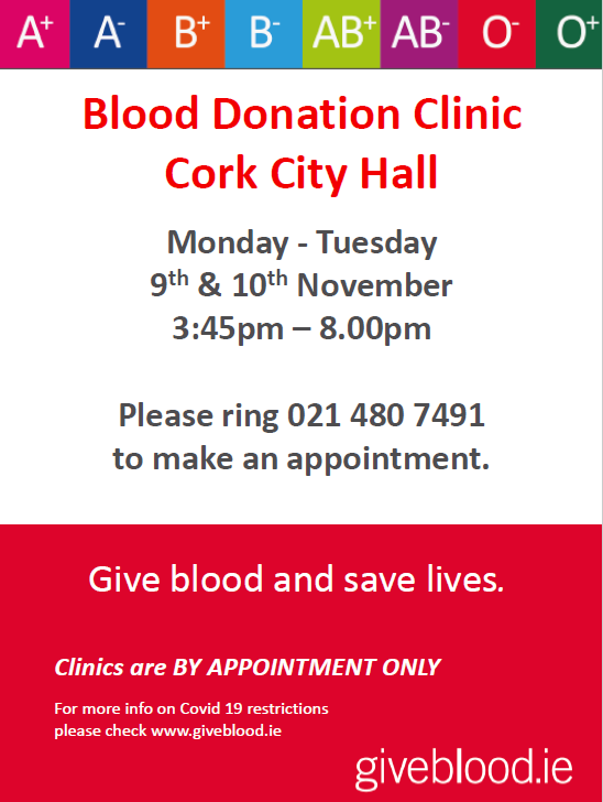 corkcitycouncil's tweet photo. 🩸Cork City Council calls on blood donors across Cork City to give blood

Join us in Cork City Hall on 9 &amp; 10 November &amp; #GiveBlood 

👩‍💻Appointments can be made by ringing 021 480 7491 or visit: https://t.co/mJAu4SyfQM  @Giveblood_ie 

➡️Find out more: https://t.co/IsGKxCm8AI https://t.co/0PUi2Uy634