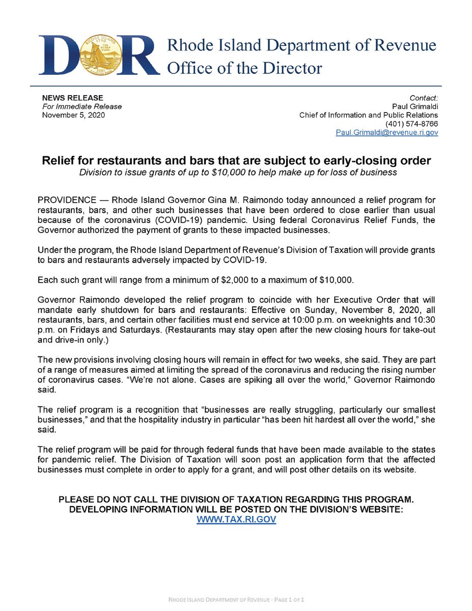 ATTN: Restaurant Owners

The State has announced a new relief package for restaurants and bars impacted by the new early closing order by the Governor. See below for more details and how to apply.
