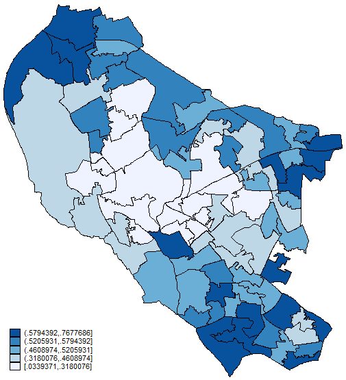 Per-capita car ownership in Oxford (June 2020). I haven't sussed how to overlay these with place names (maybe  @WillRay3 will teach me?). The darkest-blue just south of centre of Oxford is Iffley Fields. The darkest-blue just south of that is Iffley Village.