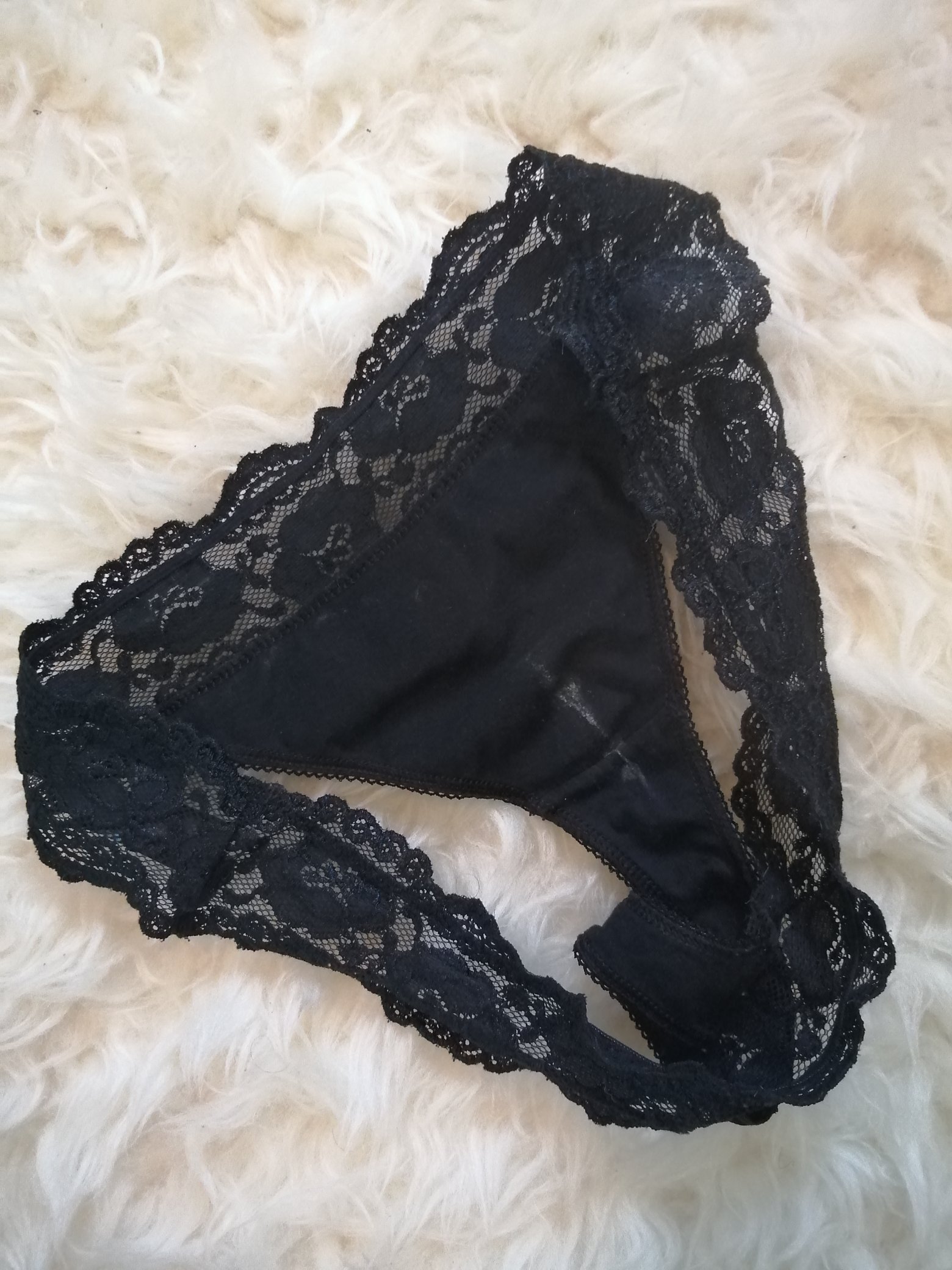 QueenoftheHF on X: Selling used panties, UK 14 Black Lace Thong 12 hours  wear £8 Dirty knickers well worn panties moist stained gusset    / X