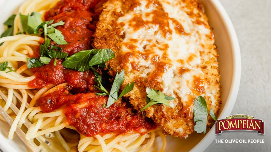 The key to a healthier Chicken Parmesan lies in EVOO! #CookingTip: Make sure to add Pompeian Robust EVOO into the breading before baking (and don't forget to save some for your pasta of choice!). bit.ly/3eySGrd