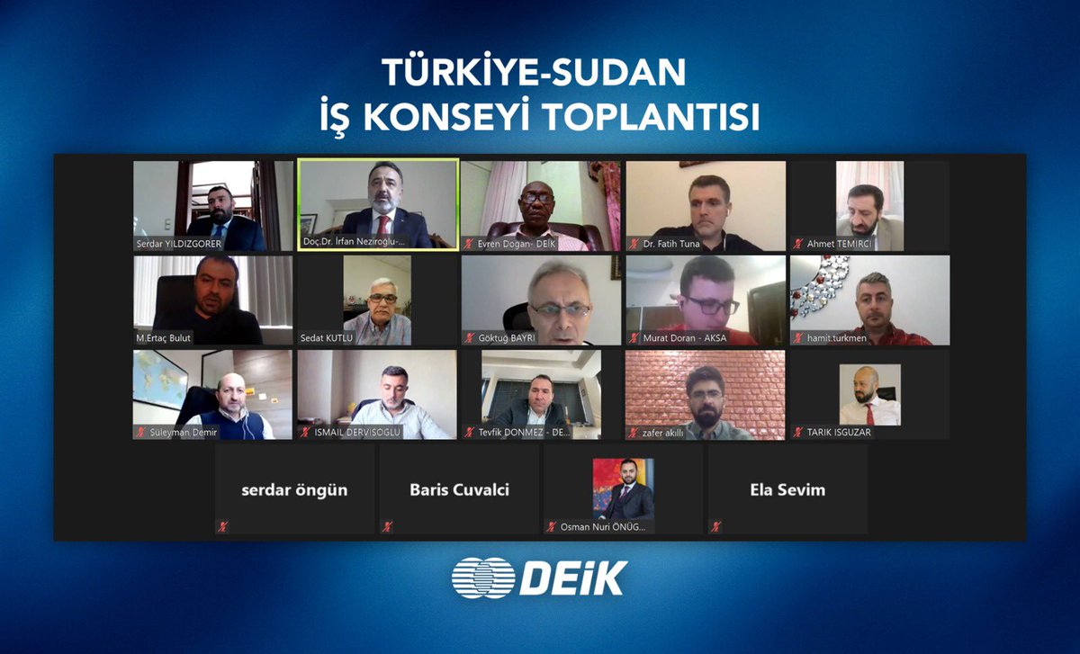 DEİK #Türkiye-#Sudan İş Konseyinin koordinasyonunda, Sudan ve Türkiye’deki işadamlarımızla iki ülke arasındaki ticari ilişkileri ve Sudan’ın ABD’nin teröre destek veren ülkeler listesinden çıkartılmasının ardından doğacak fırsatları ele aldık. İrtibat <a href="/deikiletisim/">Dış Ekonomik İlişkiler Kurulu - DEİK</a> <a href="/Serdarygorer/">Serdar YILDIZGORER</a>