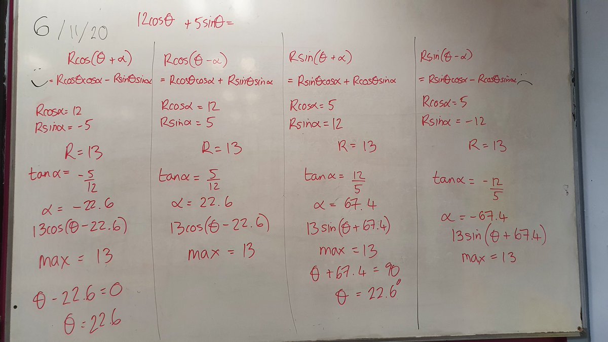 Solving the same A Level trigonometry problem 4 ways.
(Maximum value of top expression and smallest positive value of theta which achieves it)
I get my students to pick different ways than their partners and then try to race them to do all 4 in the time they take to do 1!
