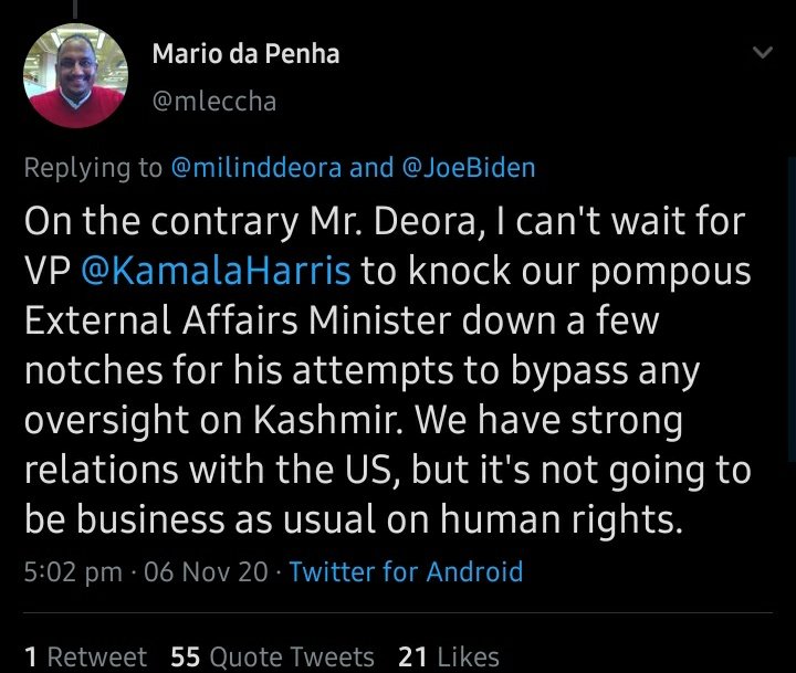 An Indian cant wait for a VP of foreign country to knock down our Pompous External Agfair Minister for his attempts to bypass any oversight on Kashmir and believes it is not going to be business as usual on human rights...1