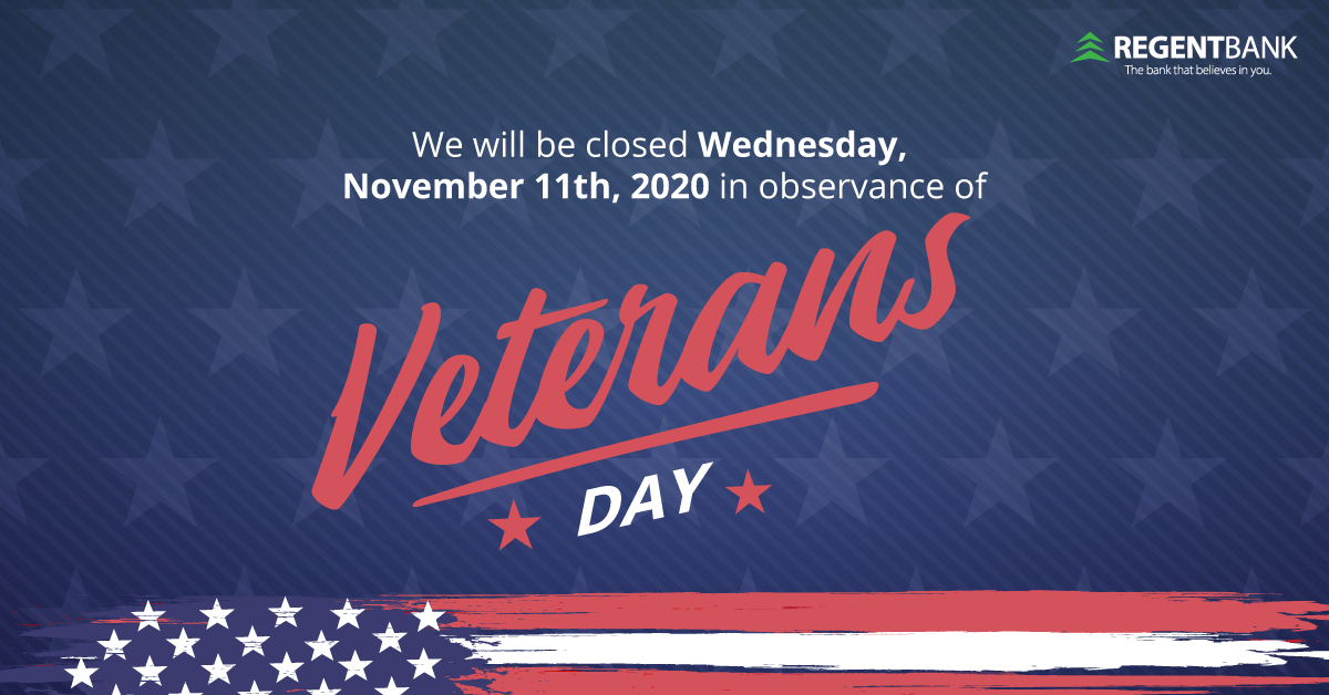 regentbank's tweet photo. Just a reminder, we will be closed on Wednesday in observance of Veteran's Day.  

We also want to also take this opportunity to thank our Veteran's for the amazing work they do and have done.  We appreciate you so much! 🙏🏻 🇺🇸 https://t.co/sEQSxsJioD