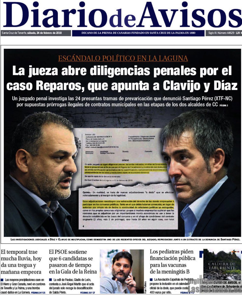 Libre_4046's tweet photo. Cuatro portadas del @diariodeavisos dedicadas al #CasoReparos. Curiosamente hoy no hace ni mención a la declaración de @JavierAbreur ni a la apertura de investigación a @sperezlaguna  por parte de la fiscalía. Una prueba más de su falta de ética y respeto a la #verdad 🙊 https://t.co/2OOLO6JrDY