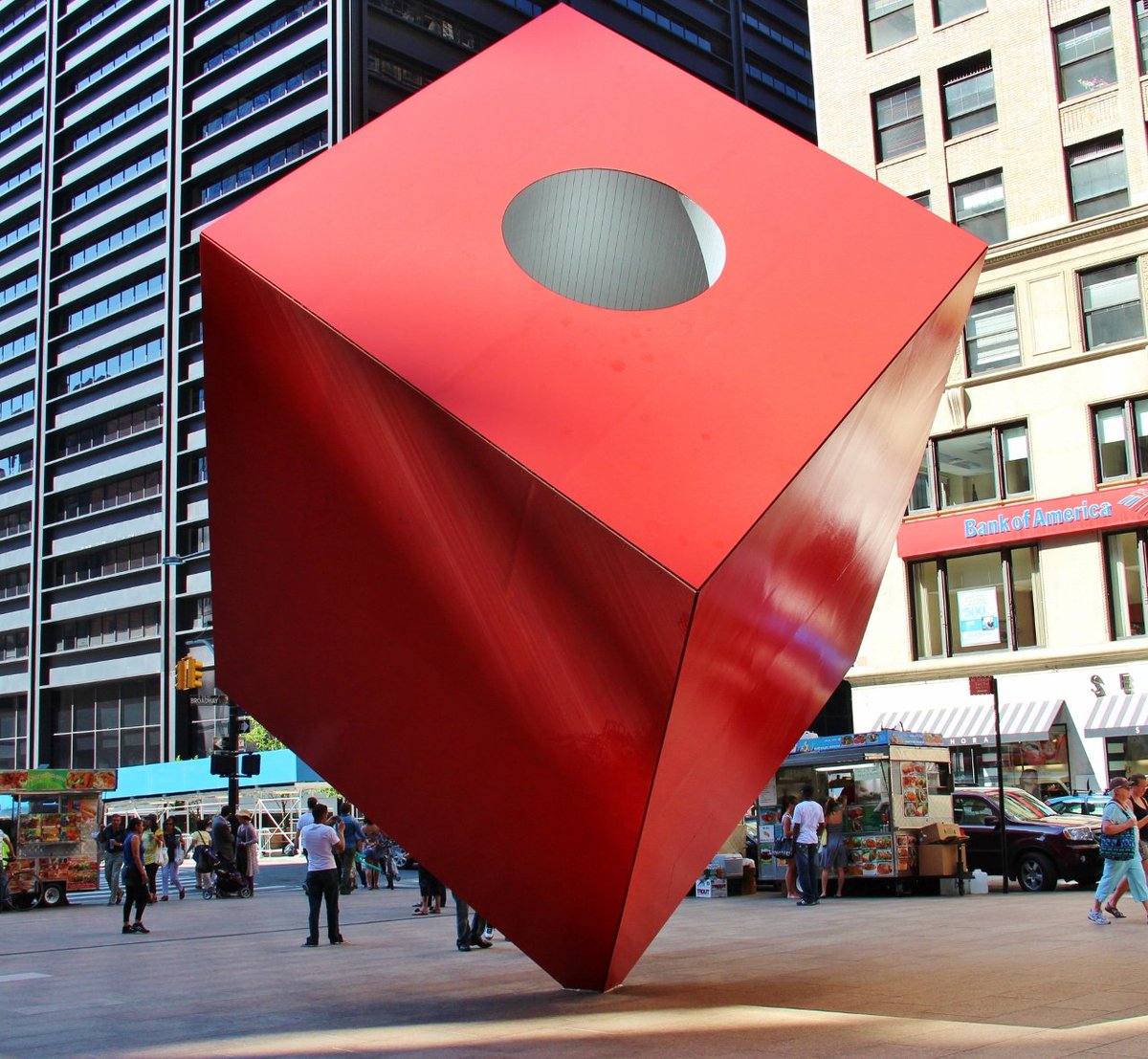 Noguchi was a celebrated sculpter and public artist. His main works were at 666 5th Avenue ("A Landscape of Clouds") 1957, "Black Sun" in Seattle (1969), "Red Cube" on Broadway (1968) and "Skygate" in Honolulu (1977). All of these have a distinct symbolism.