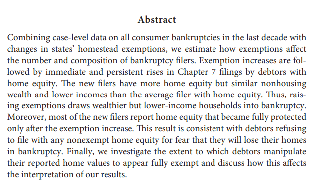 Very happy to see my paper with Richard Hynes - 'Asset Exemptions and Consumer Bankruptcies: Evidence from Individual Filings' - in the new issue of The Journal of Law and Economics: journals.uchicago.edu/doi/10.1086/70…