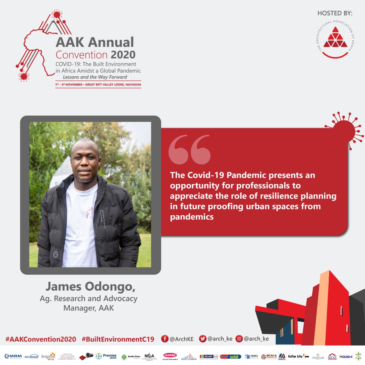 Arch_KE's tweet photo. "The Covid-19 Pandemic presents an opportunity for professionals to appreciate the role of resilience planning in future proofing urban spaces from pandemics" - James Odongo, Ag. Research and Advocacy Manager, AAK
#AAKConvention2020
#BuiltEnvironmentC19 https://t.co/H7EFBbQLEk