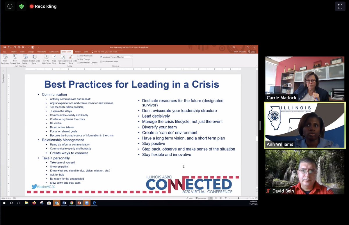 CWildmanCPA's tweet photo. Fantastic session about leading in a crisis. The panel of @D220Finance, @dranncwilliams &amp; Carrie Matlock from @DLA_Architects are doing a great job! @IllinoisASBO #IASBOVC20 https://t.co/o2ZqJMoEaK