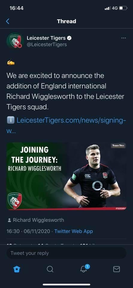 This is a fantastic signing for <a href="/LeicesterTigers/">Leicester Tigers</a> good luck <a href="/rwiggy9/">Richard Wigglesworth</a>