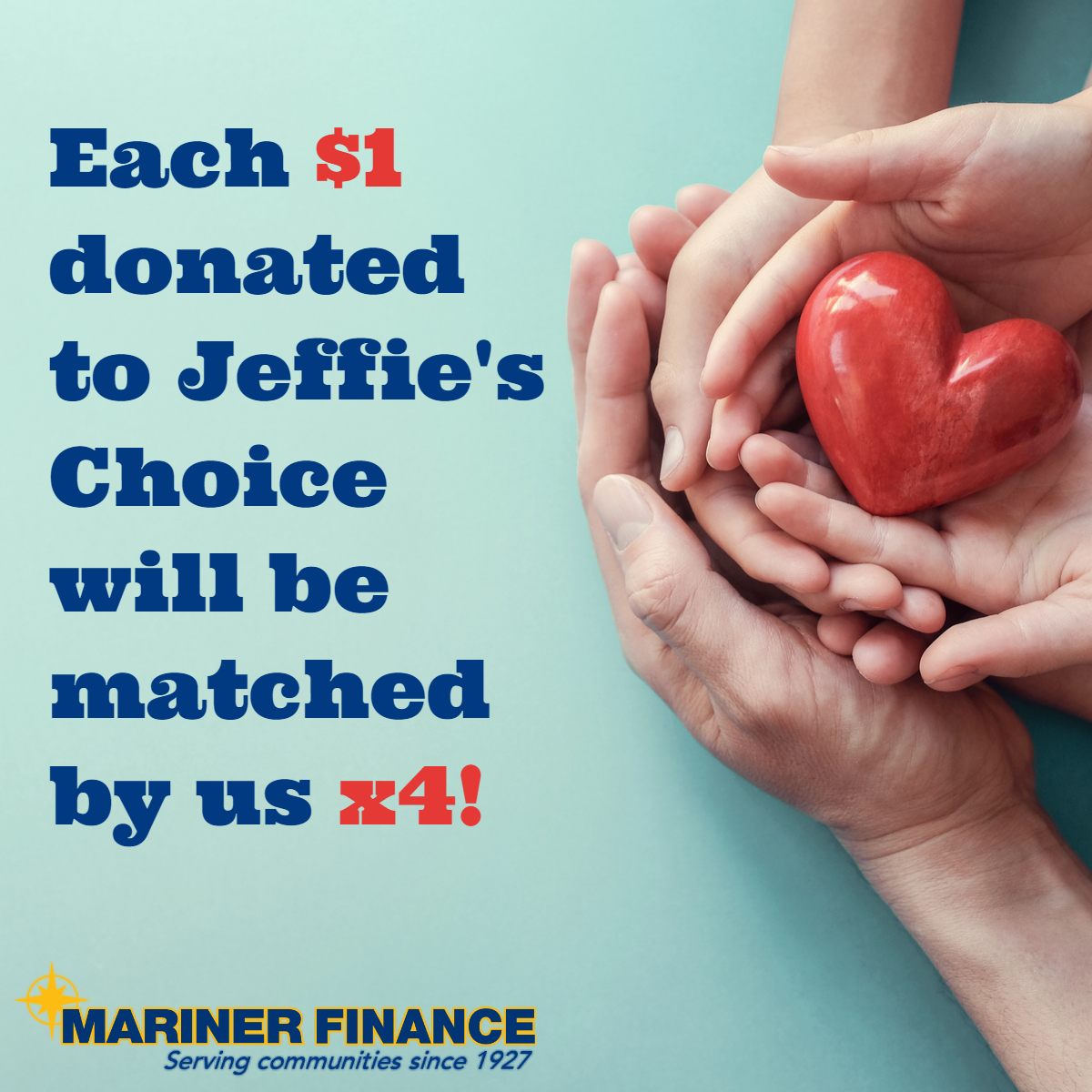 Now through November 6th. Turn a $1 donation into $5 as <a href="/MarinerFinance/">Mariner Finance</a> will be matching each dollar donated to Jeffie's Choice x4 to help fight hunger!
Click the link below to learn more and see how you can help!
bddy.me/3n03VM2