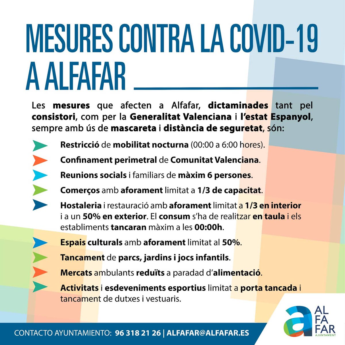 📣 Medidas Alfafar 📣
Tras la reunión de esta mañana con el Departamento de Salud de Alzira, en la que se ha informado de 95 casos activos en Alfafar, se ha tomado la decisión de reforzar las medidas en el municipio.
ℹ️ Toda la info en las imágenes

#AlfafarÉsInformació
