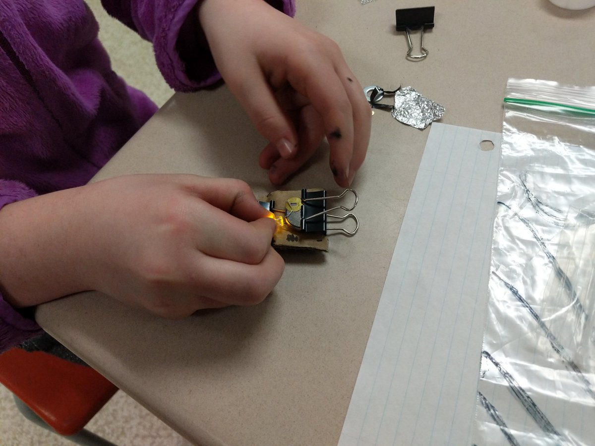 Students using <a href="/ScrappyCircuits/">Scrappy Circuits</a> to learn about electricity in grade 5. Using different materials to complete their circuits.