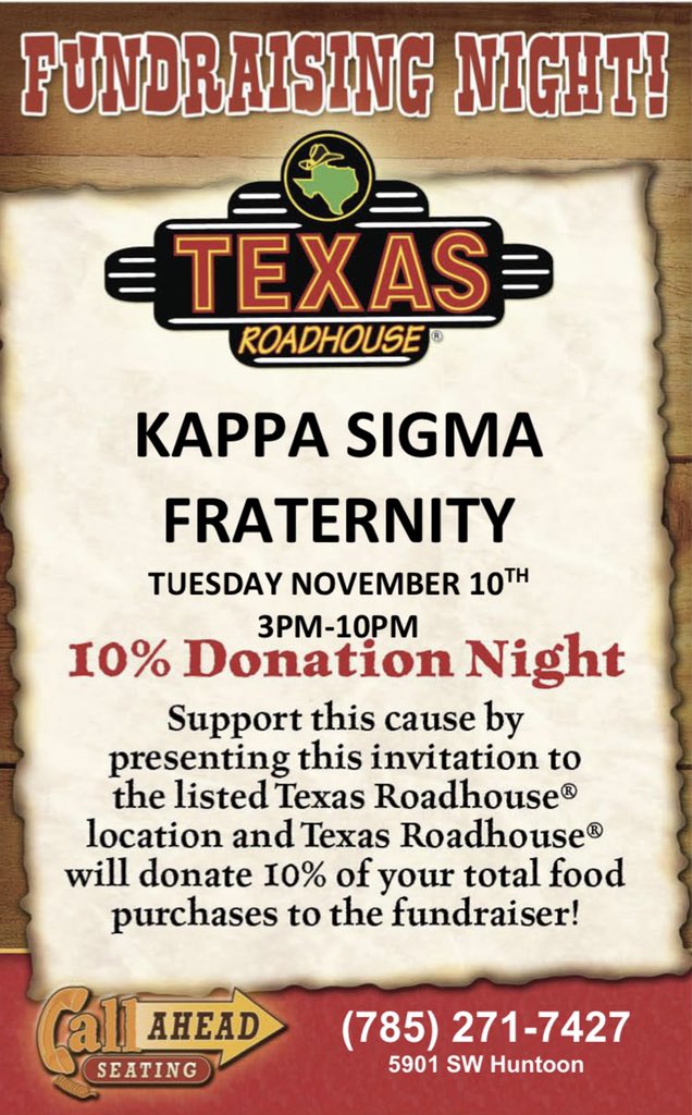 Join us next Tuesday for our first philanthropy event of the year in support of the Military Heroes Campaign! All you have to do is show this poster and mention Kappa Sigma; it works for both dine in and carry out!