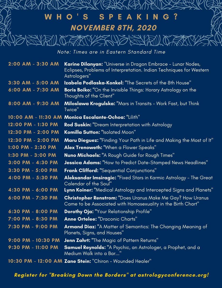 Here is our lecture schedule for Day 3! Which lectures are YOU most excited about?

Also, today is DAY 1 of "Breaking Down the Borders!" We can't wait to see all of you guys in the foyer!

Learn more at astrologyconference.org