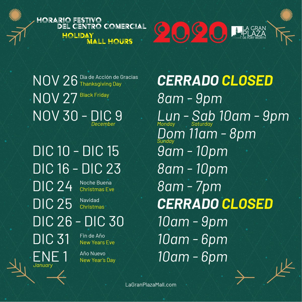 Horario Festivo 2020 - La Gran Plaza de Fort Worth. 
Holiday Mall 2020 - La Gran Plaza de Fort Worth.