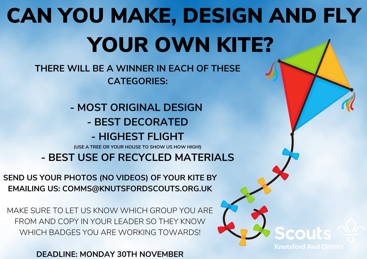 Calling all Knutsford and District Beavers, Cubs, Scouts and Explorers (Network and Leaders too!): who is the best kite maker in the district?

We can’t wait to see all your entries!

Good luck! #scoutingathome #kitecraft #ukscouting