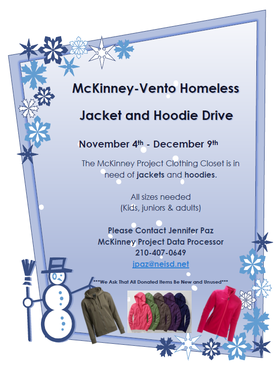 Family Support Services - North East ISD (@famsupportneisd) on Twitter photo Please join our amazing <a href="/NEISD/">North East ISD</a> Health Services Department Staff as they collect jackets and hoodies at their campuses for the McKinney-Vento Project Clothing Closet in support of #NationalHomelessAwarenessMonth #NEISDcares #theNEISDway #NEISDMcKinneyVentoProject Please join our amazing <a href="/NEISD/">North East ISD</a> Health Services Department Staff as they collect jackets and hoodies at their campuses for the McKinney-Vento Project Clothing Closet in support of #NationalHomelessAwarenessMonth #NEISDcares #theNEISDway #NEISDMcKinneyVentoProject