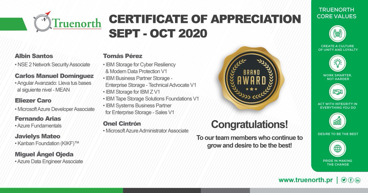 Truenorthpr's tweet image. Congratulations! To our team members who continue to grow and desire to be the best!

Know more about us here: truenorth.pr/about/

#truenorthcorporation #IBMcertifications #Scrumcertifications #Microsoftcertifications #leadingchange #TNcorevalues
