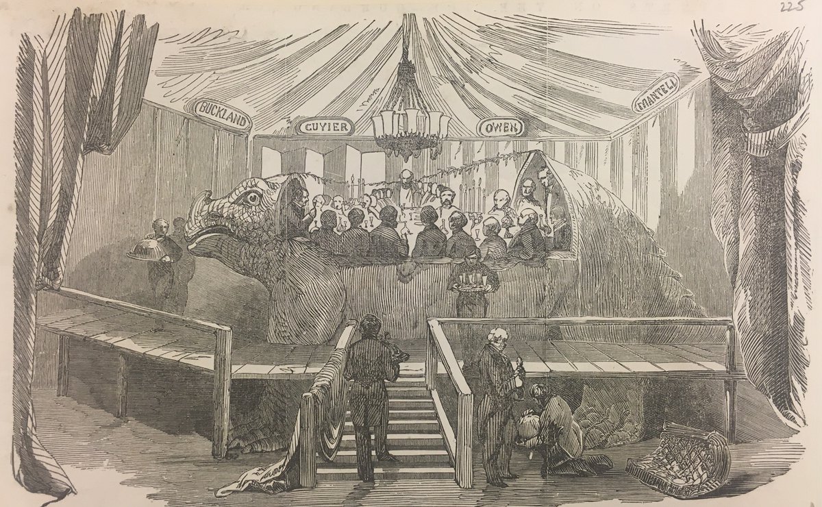 For  #FossilFriday, a thread on that most famous palaeontological banquet of all time: the 1853 NYE dinner in the  @cpdinosaurs Iguanodon. I was chatting with folks about this last week in an obscure corner of Twitter, and I figured some of that content is of wider interest.
