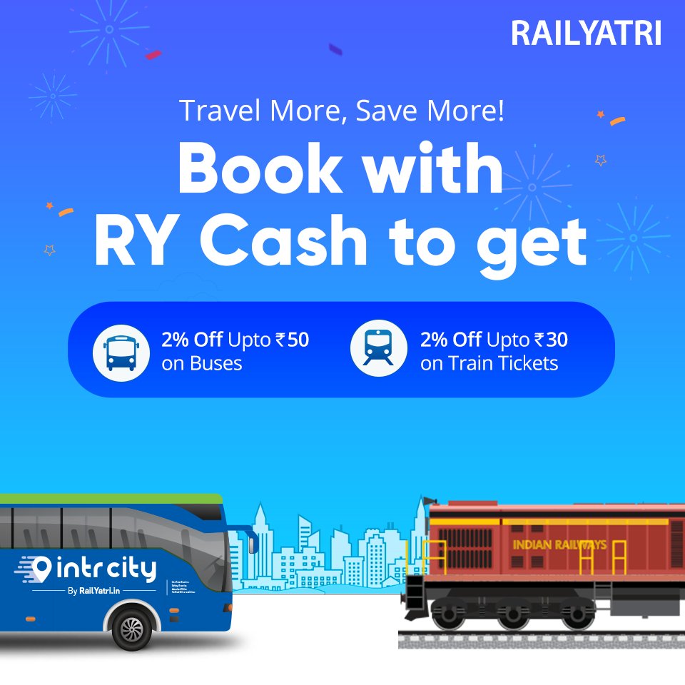 RailYatri's tweet photo. This festive season, in addition to the most hassle-free bus & train bookings, we've got some more discounts! Enjoy 2% Off Upto Rs.50 on Bus Ticket Bookings & 2% Off Upt Rs.30. on train ticket bookings!Book now to get started.
#RailYatri #LetsTravel #RYCash #ReasonstoTravel https://t.co/OeFCe97p7A