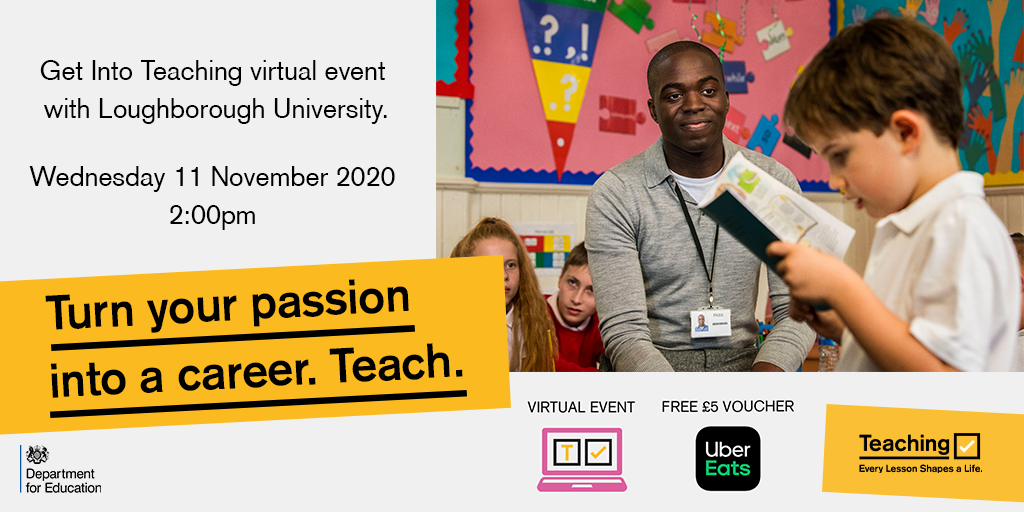 Want to know more about teaching? And get a £5 Uber Eats voucher? Sign up to the <a href="/getintoteaching/">Teaching</a> virtual popup! As a thank you you'll receive a £5 Uber Eats voucher rb.gy/llfdlr