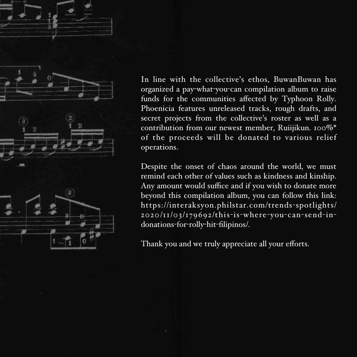 buwanbuwancollective.bandcamp.com/album/phoenicia
BuwanBuwan has organized a pay-what-you-can compilation album to raise funds for the communities affected by Typhoon Rolly entitled, Phoenicia. Exclusively released on Bandcamp Friday. See details in the pictures below