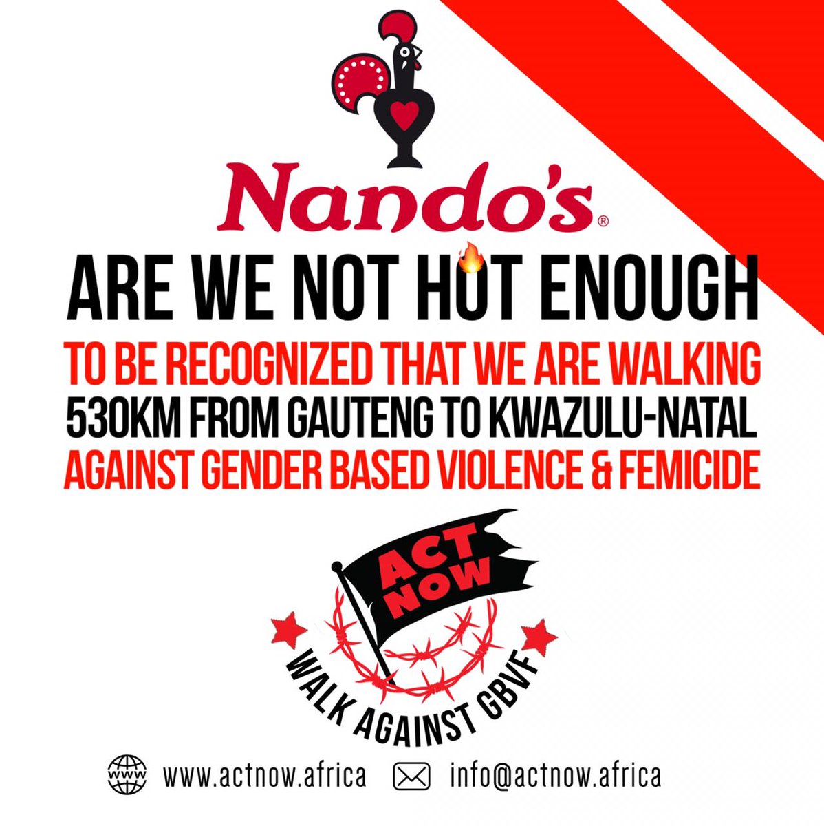 ActnowAfrica's tweet photo. @NandosSA At this point we see our initiative as half-empty without your support.

#actnowwalk #walkagainstGBVF https://t.co/CwOTOWtyCx
