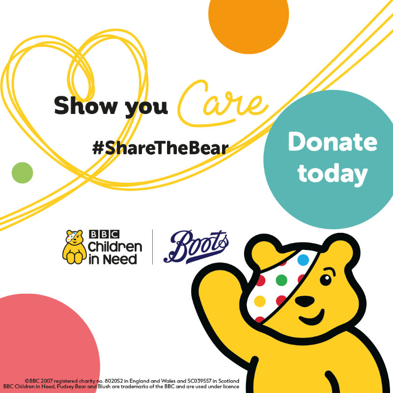 BootsUK's tweet photo. Help change children’s lives by making a donation to BBC #ChildrenInNeed and get your paws on our special Pudsey social filter.