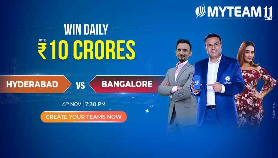 alv_singh's tweet photo. It's a battle between Hyderabad &amp; Bangalore! Get ready with your teams for the Eliminator and get Big Winnings. #IndiaKiApniFantasyApp #MyTeam11 https://t.co/AIvjx33tmv