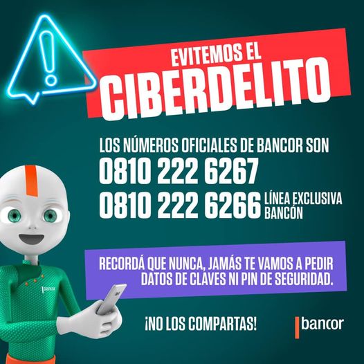 ConsultoraLF's tweet photo. #ATENCION
#Ciberdelito
#InfodeInteres
#Bancor
Recuerden que desde Bancor nunca piden claves de seguridad porque son secretas, personales e intransferibles. No compartan datos con nadie!
Ante estos casos comunicarse con los números oficiales de #Bancor https://t.co/58z88WCjLs