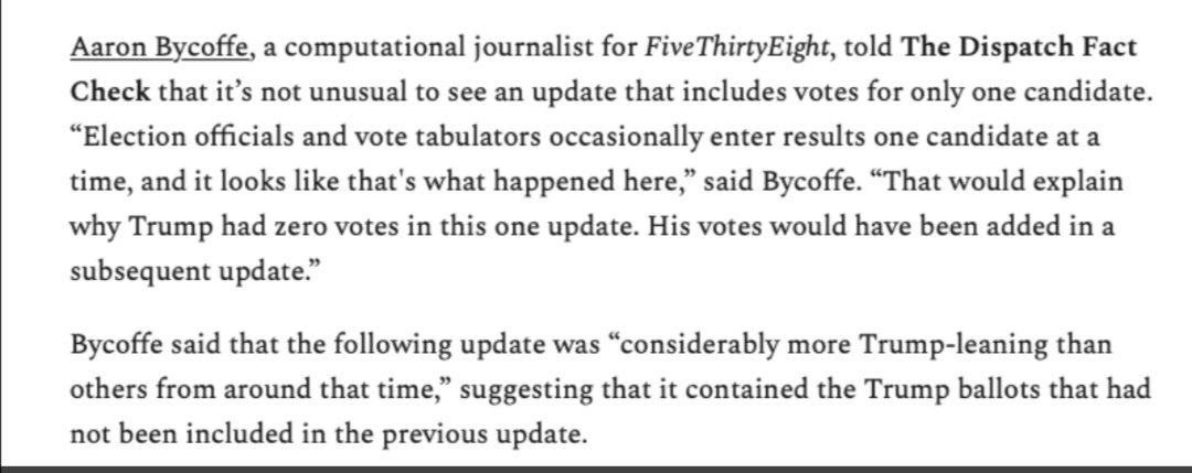 Here’s an explanation of the 23,000-0 vote update in Pennsylvania, which is better than the implausible one  @Ike_Saul had in his otherwise-good thread rebutting voting fraud rumors.