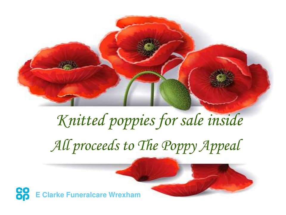 LisaJ_74's tweet photo. Knitted poppies are available at E Clarke @CoopFuneralcare in #Wrexham town centre. All donations will be given to the  @PoppyLegion appeal @SamHartland4 @Debcoopmemb @depoc2welsh @coopuk @vickydavies_68 #PoppyAppeal #RemembranceDay https://t.co/nX36KV7kEk