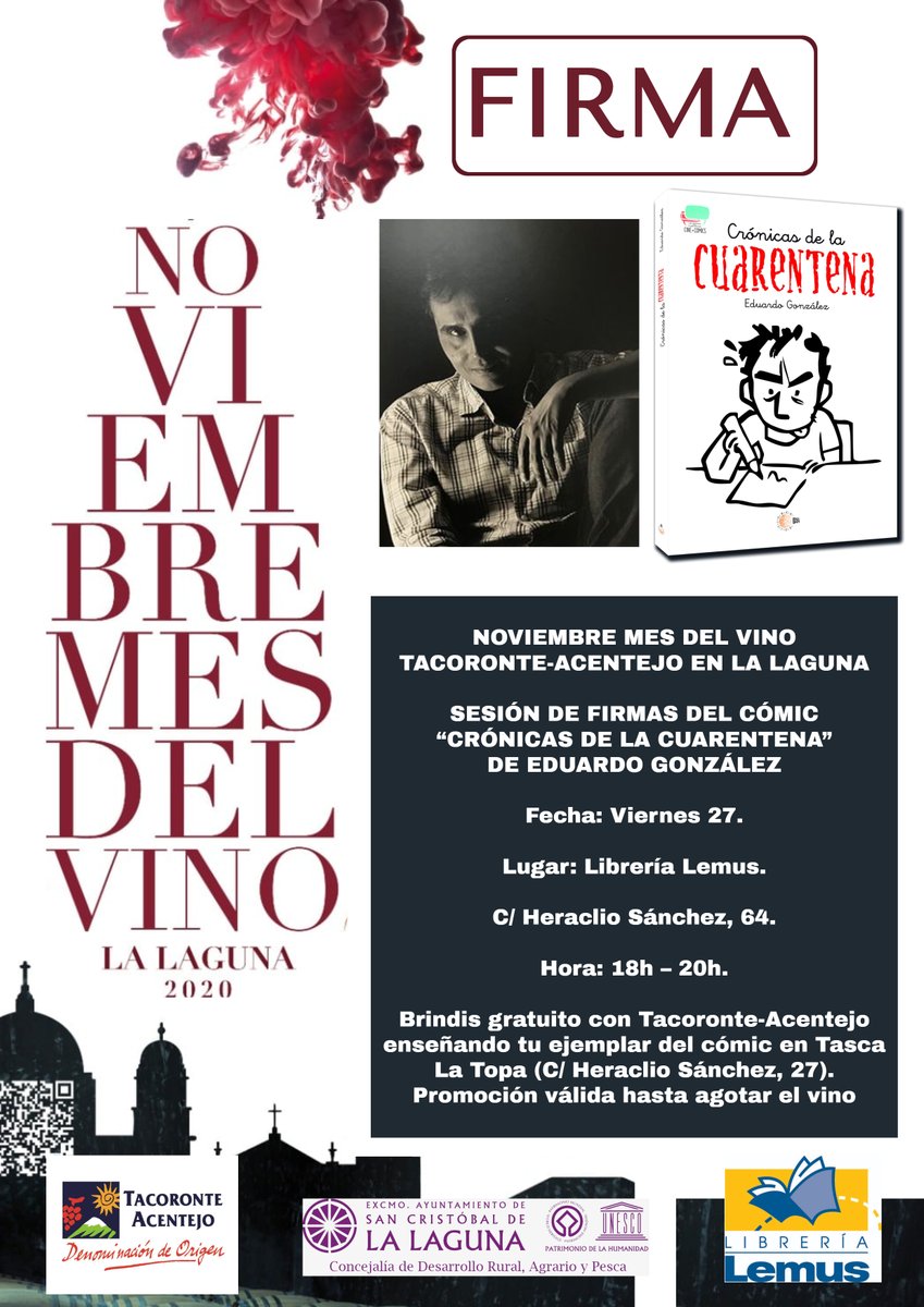 librerialemus's tweet photo. Los viernes 20 y 27 de noviembre firmas de @AndreaAbreuL y Eduardo González como parte de La decimoséptima edición del mes del vino @tacovin ¡No te lo puedes perder! #noviembremesdelvino #panzadeburro #andreabreu #cronicasdelacuarentena #eduardogonzalez #librerialemus #lalaguna https://t.co/lssRpsC3L6