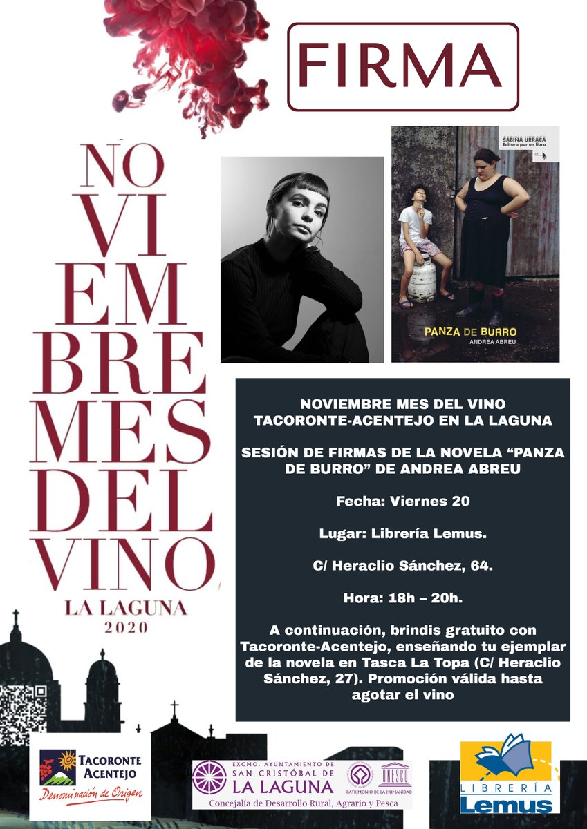 librerialemus's tweet photo. Los viernes 20 y 27 de noviembre firmas de @AndreaAbreuL y Eduardo González como parte de La decimoséptima edición del mes del vino @tacovin ¡No te lo puedes perder! #noviembremesdelvino #panzadeburro #andreabreu #cronicasdelacuarentena #eduardogonzalez #librerialemus #lalaguna https://t.co/lssRpsC3L6