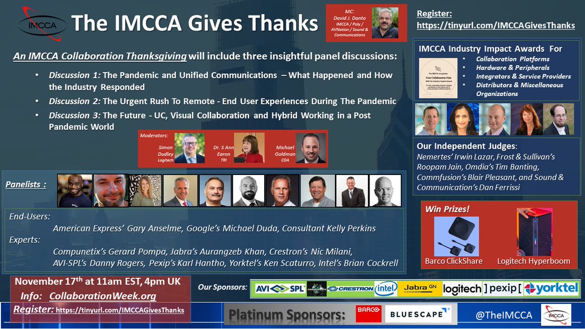 By now you know <a href="/THEIMCCA/">IMCCA</a> is giving Industry Impact Awards on our Nov 17th webcast. But did you know about the awesome panelists &amp; discussions that will happen? Register today! collaborationweek.org/program @kellypperkins <a href="/pompajerry/">Jerry Pompa</a> <a href="/nicmilani/">Nic Milani</a> <a href="/IMCCA_Daniel/">Daniel Rogers</a> <a href="/karlhantho/">karl hantho</a> <a href="/KenScaturro/">Ken Scaturro</a>